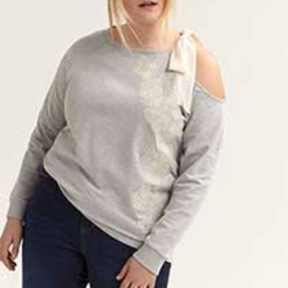 Love & Legend Cold Shoulder Bow tie Cut-out Floral Embroidered Sweatshirt - Picture 1 of 3